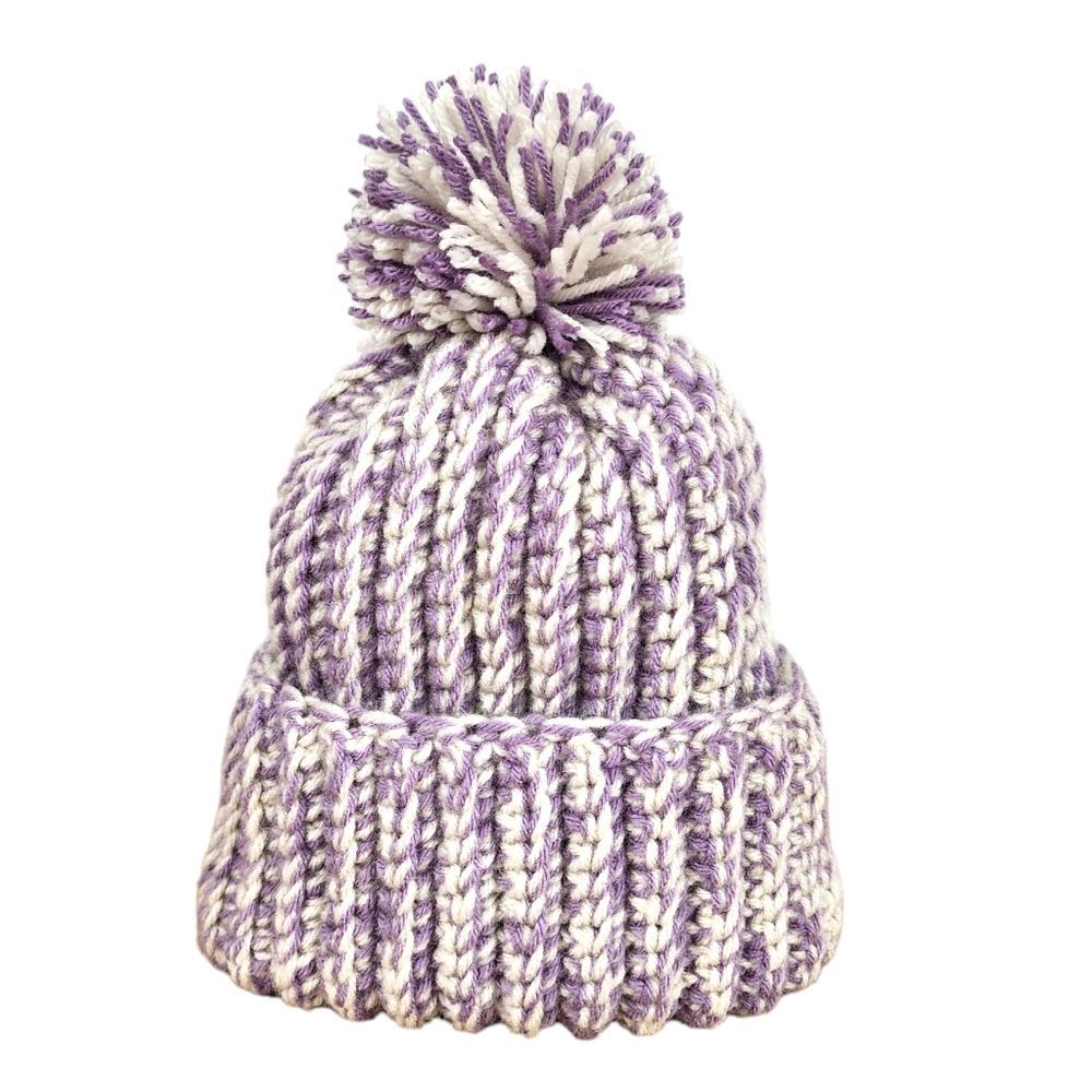 New Handmade Crochet Chunky Ribbed Beanie Cream Purple Pompom Warm Hat Cap